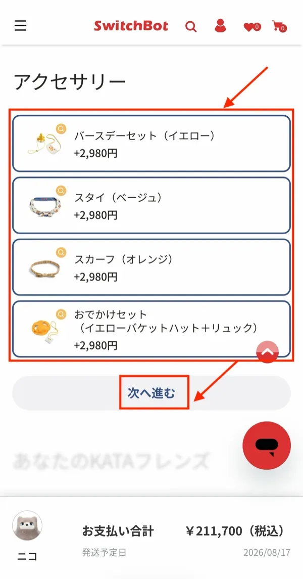 KATAフレンズのアクセサリー選択画面